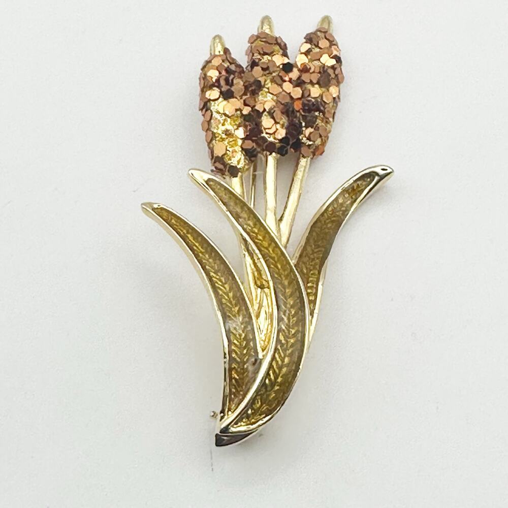 Danecraft Cattails Brooch Copper Green Yellow Pin Vintage Retro Jewelry